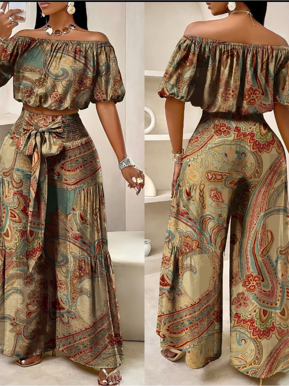 Boho Paisley Wide-Leg Pants - Olive Multi